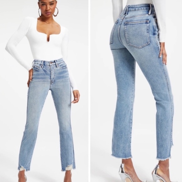 Good American Denim - Good American Good Curve Contouring Tummy Tech Fray Hem Staight Jeans Size 0